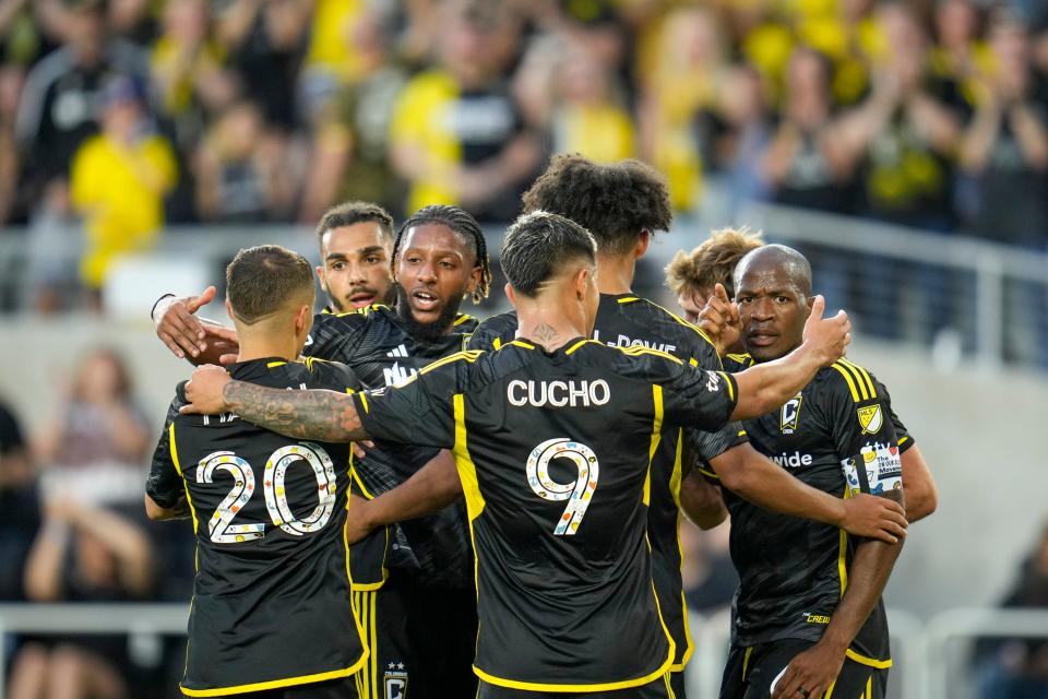 May 13, 2023; Columbus, Ohio, USA;  Columbus Crew celebrates with midfielder Darlington Nagbe (6) after his goal against Orlando City during the first half of the MLS soccer game between Columbus Crew and Orlando City at Lower.com Field.