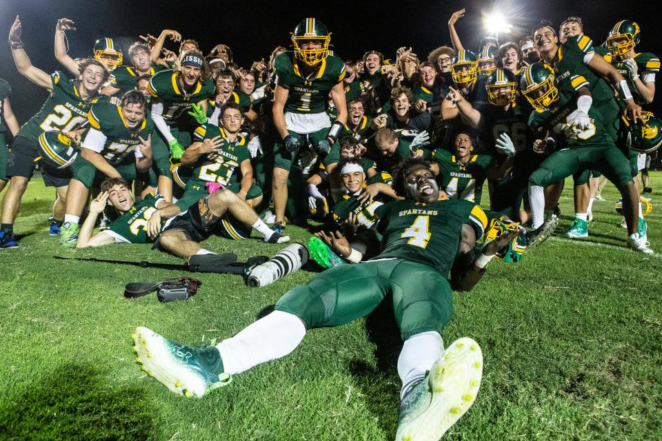 Saint Mark's Spartans celebrate their victory at the Saint Mark's vs. Appoquinimink Jaguars season opening high school football game at Saint Mark's in Wilmington, Friday, Sept. 2, 2022. Saint Mark's defeated Appoquinimink 20-16.