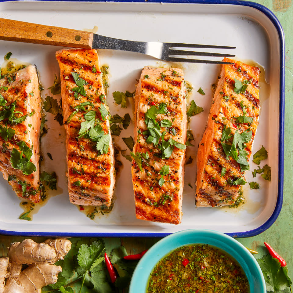 Grilled Salmon with Cilantro-Ginger Sauce