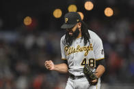 Pittsburgh Pirates pitcher Richard Rodriguez celebrates after striking out San Francisco Giants' Mike Yastrzemski for the final out as the Pirates defeated the Giants 6-4 in a baseball game in San Francisco, Friday, July 23, 2021. (AP Photo/Jeff Chiu)