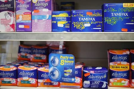 Feminine hygiene products are seen in a pharmacy in London, Britain March 18, 2016. REUTERS/Stefan Wermuth