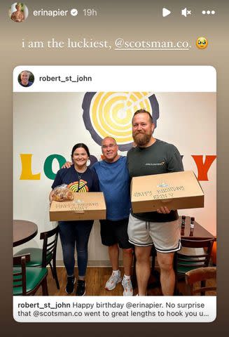 <p>Erin Napier/Instagram</p> Erin Napier reposted Loblolly Bakery owner Robert St. John's photo on Instagram after her husband Ben surprised her with fresh pastries for her 38th birthday.