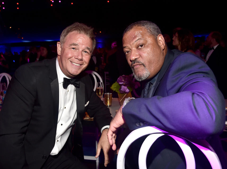 <p><em>Black-ish</em> star Laurence Fishburne hung out with actor Spencer Garrett (<em>The Front Runner</em>) at the Governors Ball. (Photo: Alberto E. Rodriguez/Getty Images) </p>