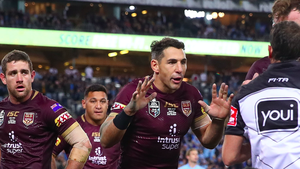 The Maroons were livid with the decision to award a penalty try. Pic: Getty