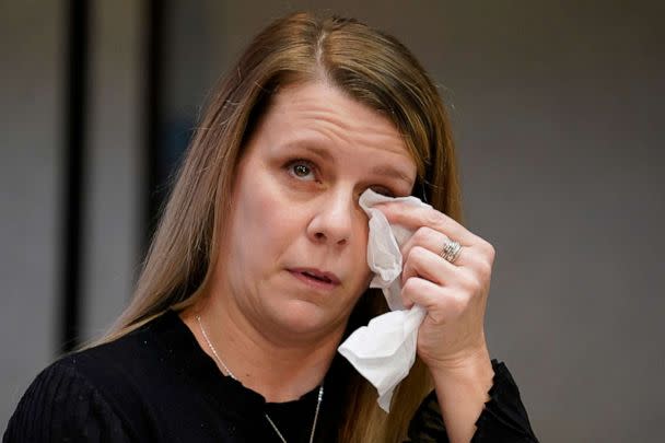 PHOTO: Gabby Petito's mother Nichole Schmidt, wipes a tear from her face during a news conference Thursday, Nov. 3, 2022, in Salt Lake City. (Rick Bowmer/AP)