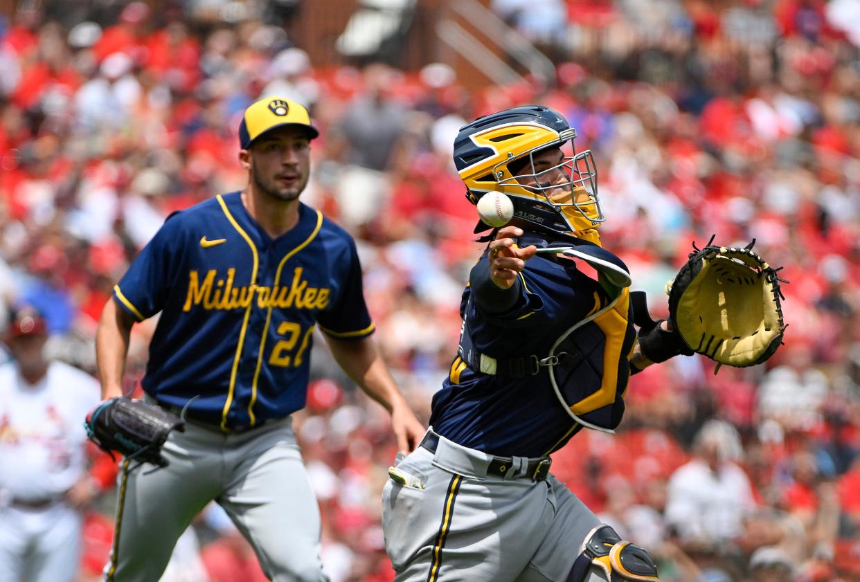 Aug 14, 2022; St. Louis, Missouri, USA;  Milwaukee Brewers catcher Mario Feliciano (0) throws to first base against the St. Louis Cardinals during the first inning at Busch Stadium. Mandatory Credit: Jeff Curry-USA TODAY Sports