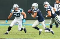 Sep 9, 2018; Charlotte, NC, USA; Dallas Cowboys wide receiver Cole Beasley (11) catches a pass against Carolina Panthers linebacker Luke Kuechly (59) in the fourth quarter at Bank of America Stadium. Mandatory Credit: Jeremy Brevard-USA TODAY Sports