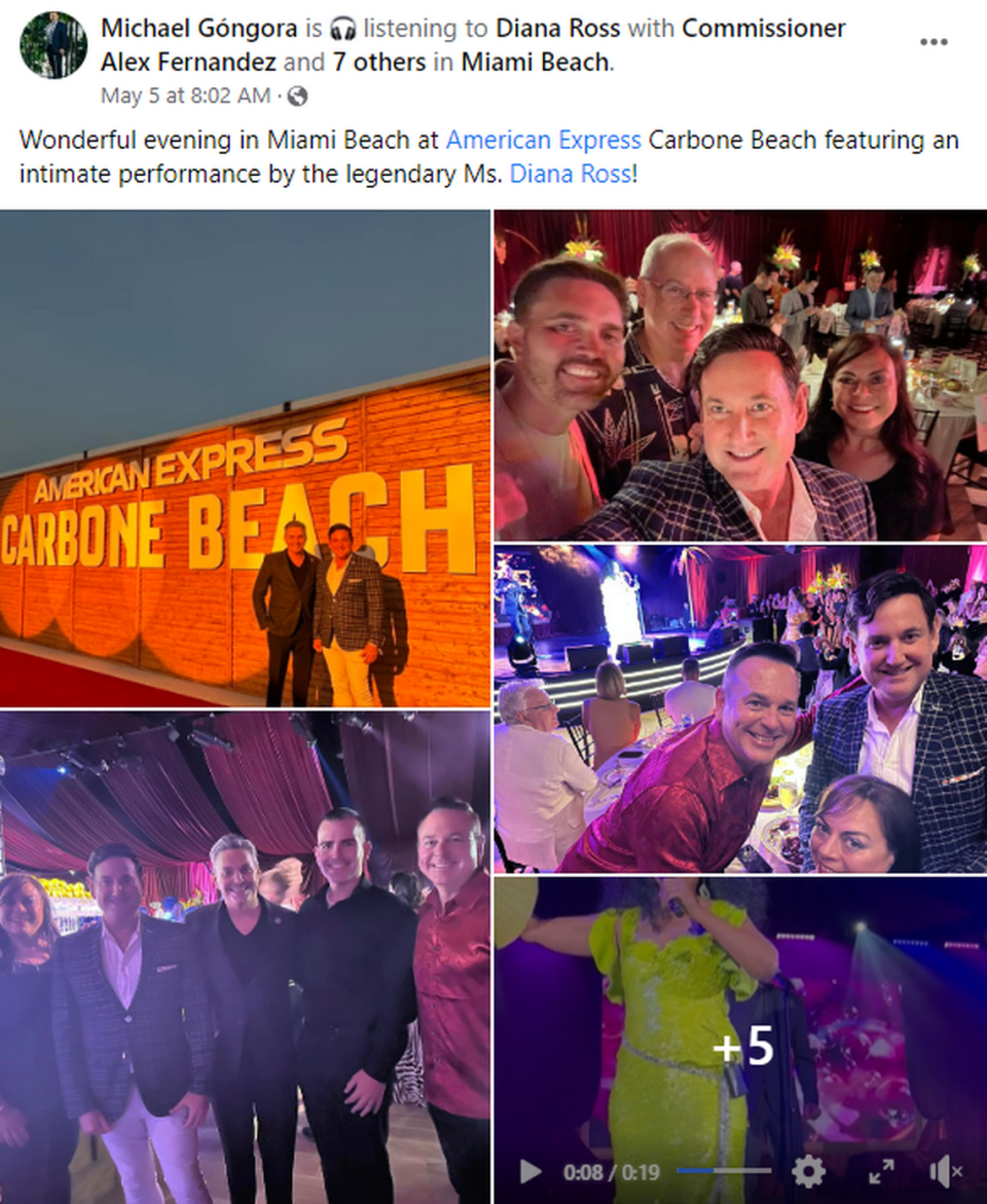 El ex comisionado de Miami Beach Michael Gongora publicó en Facebook su asistencia a Carbone Beach, que contó con la actuación de Diana Ross, el jueves 4 de mayo de 2023.