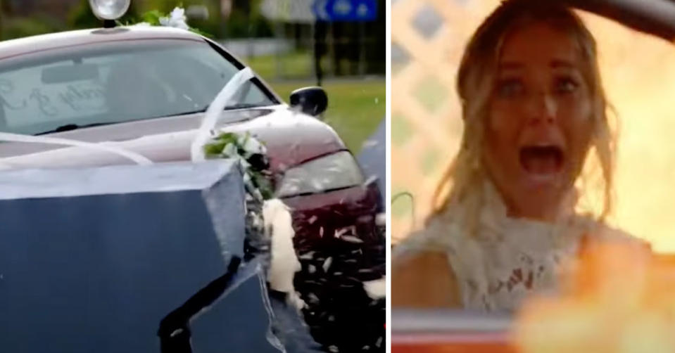 L: A car crash on Home and Away. R: Felicity sits in a car that is engulfed in flames