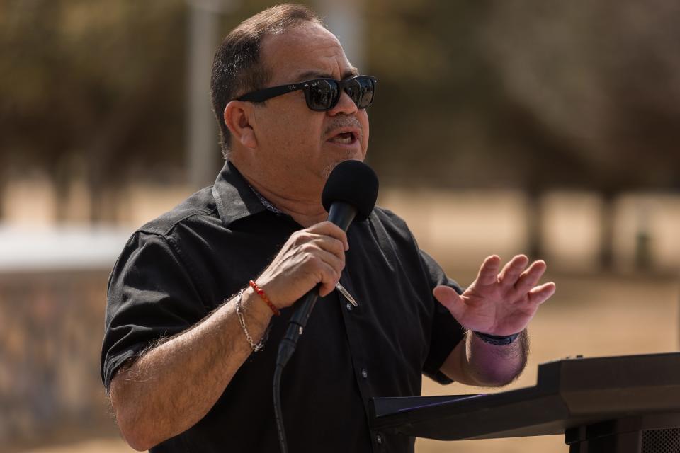 City Representative for District 6, Art Fierro, speaks at the grand opening celebration for Dick Shinaut Skate Park's improvement project on Saturday, March 11, 2023.