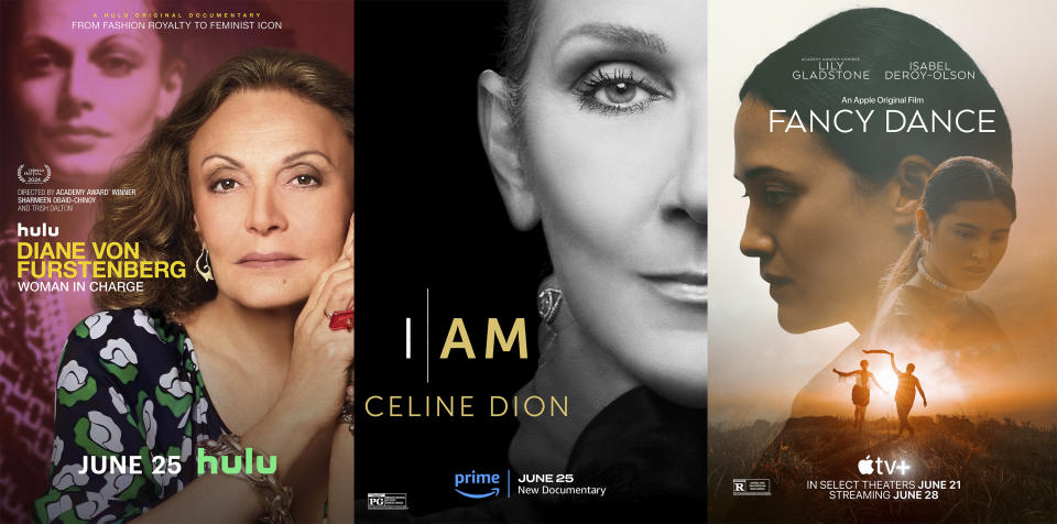 This combination of images shows promotional art for the documentary "Diane von Furstenberg: Woman in Charge," left, the documentary "I Am Celine Dion," center, and the film "Fancy Dance." (Hulu/Prime/Apple TV+ via AP)