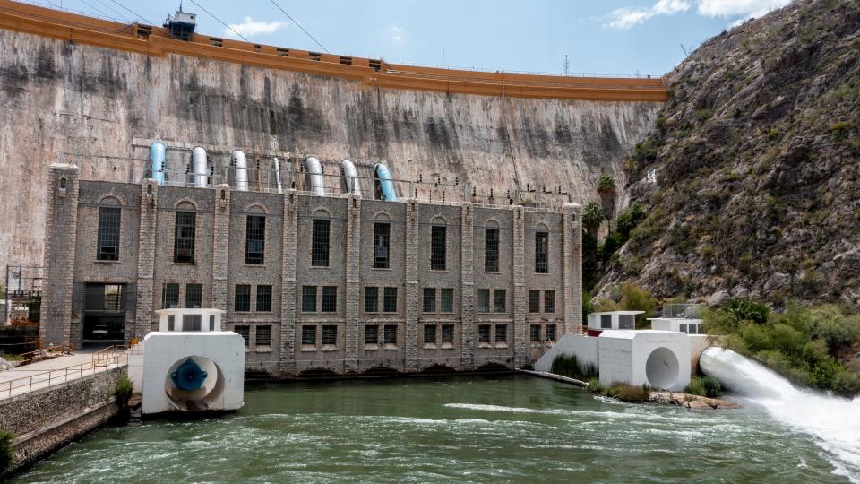 Presa de la Boquilla en Chihuahua fotografiada con un dron en agosto de 2023. La presa tiene una capacidad hidroeléctrica de 25 megavatios y regula el flujo de agua a varios distritos de riego.