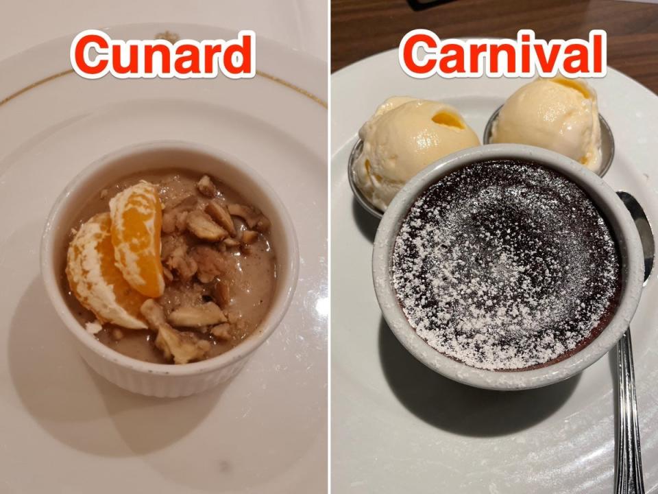 Two desserts from each reporter's dining experience on their respective cruises.