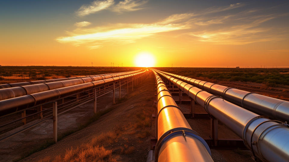 The sun rising over a sprawling network of oil & gas pipelines near Midland, Texas.