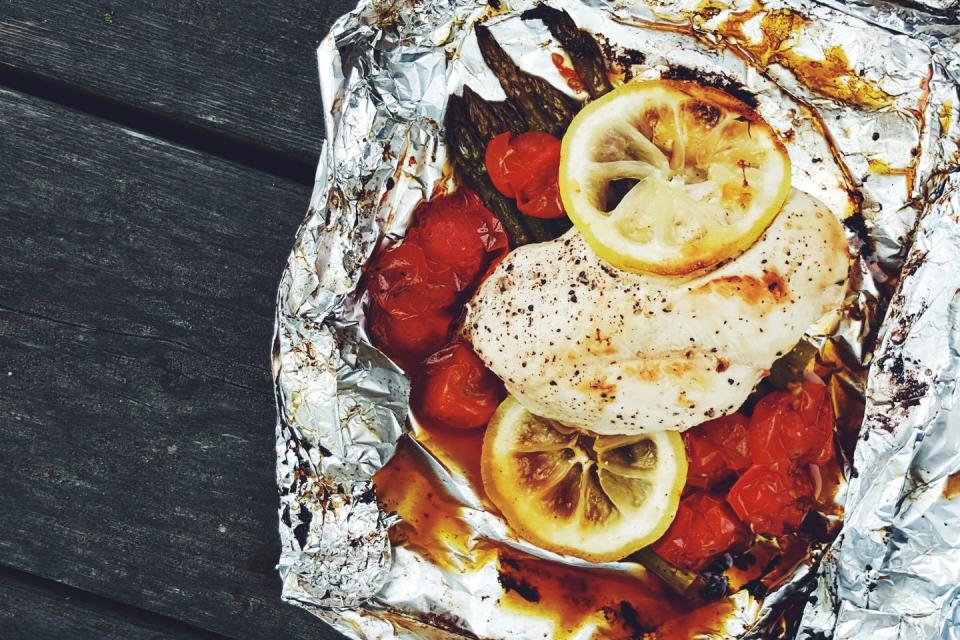 Foil Pack Chicken with Asparagus and Rustic Tomato Sauce