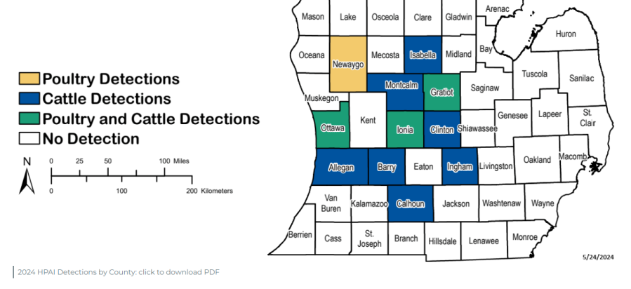 Counties where ‘bird flu’ has been detected in Michigan. Screenshot of Michigan Department of Agriculture and Rural Development website. May 30, 2024. (WLNS)