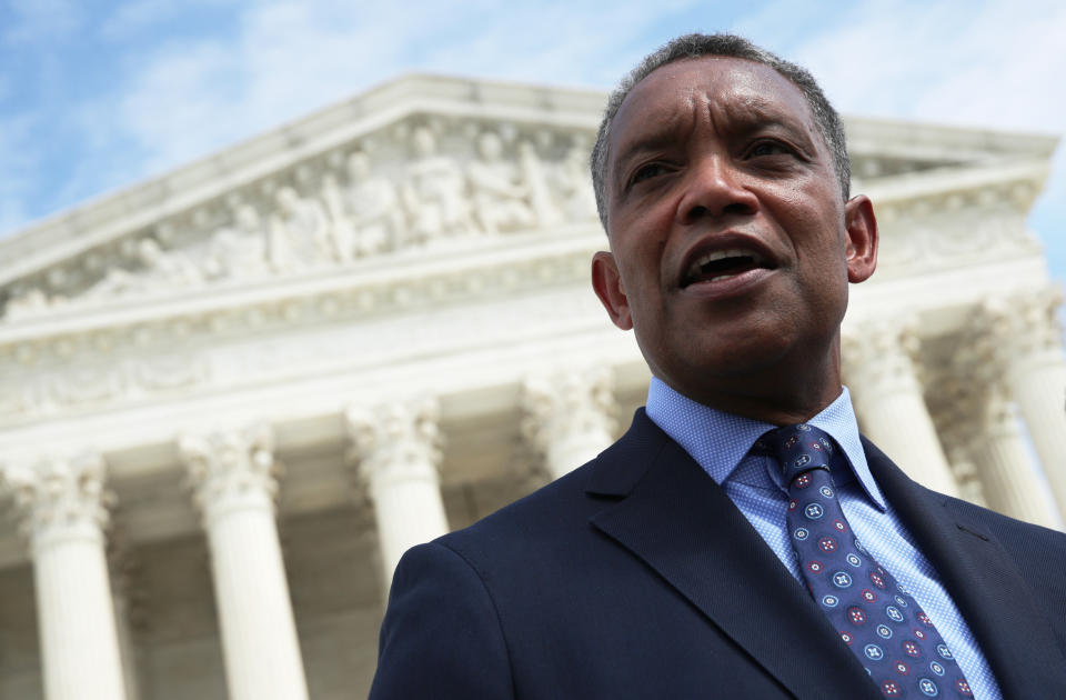 Washington, D.C., Attorney General Karl Racine speaks after a news conference in front of the U.S. Supreme Court.