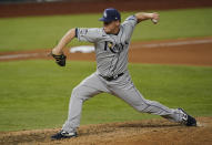 Tampa Bay Rays relief pitcher Aaron Loup throws against the Los Angeles Dodgers during the eighth inning in Game 2 of the baseball World Series Wednesday, Oct. 21, 2020, in Arlington, Texas. (AP Photo/Eric Gay)