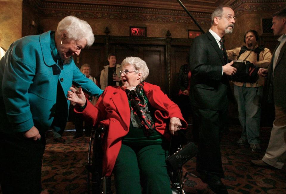 Helen Palm Kintz Grant, center, was one of the youngest people who answered the ad placed by "B. Virdot" in The Canton Repository in 1933 offering financial assistance to Cantonians in need. In 2010, in her 90s, she appeared at the Palace Theatre with descendants of other letter writers.