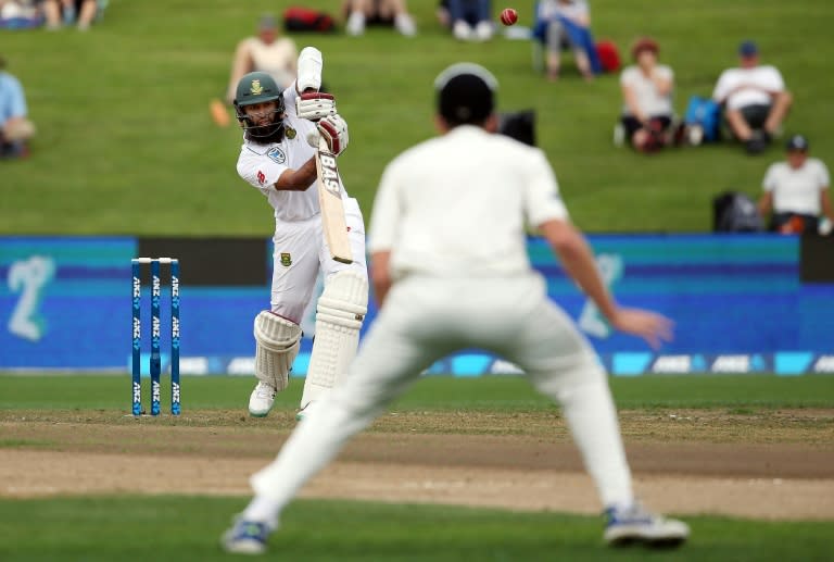 Hashim Amla of South Africa bats during day one of the third Test against New Zealand at Seddon Park in Hamilton