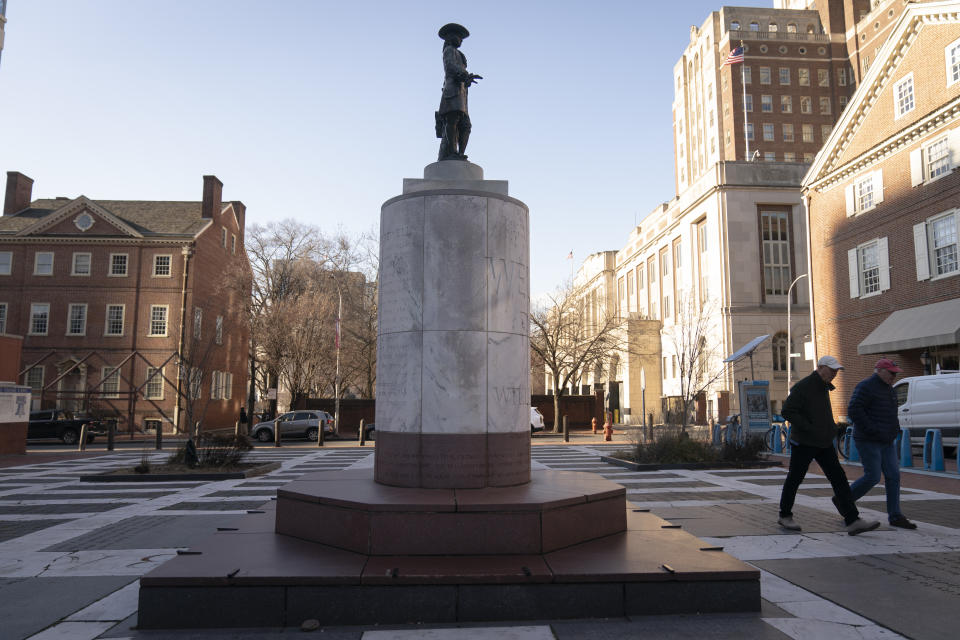 A statue of William Penn stands at Welcome Park in Philadelphia, Monday, Jan. 8, 2024. (AP Photo/Matt Rourke)