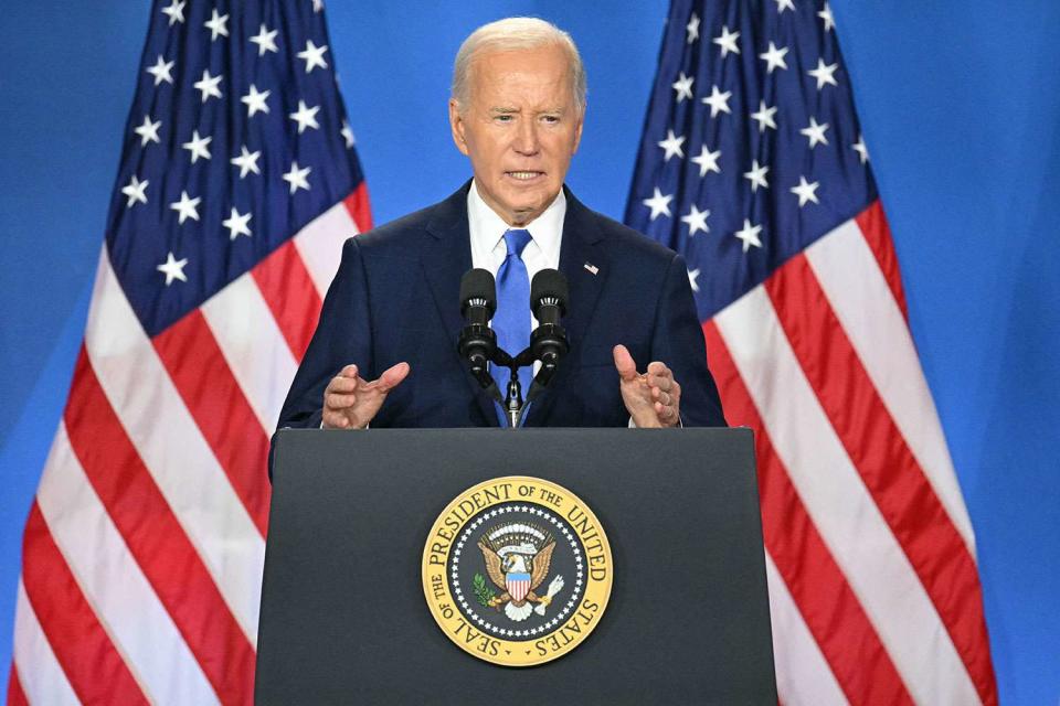 <p>Mandel NGAN/AFP/getty</p> President Biden speaking during the July 11, 2024 press conference at the close of the NATO summit in Washington, D.C.