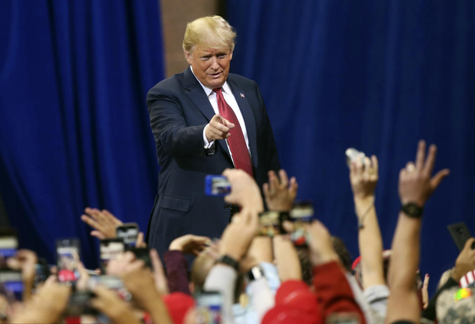 President Donald Trump arrives to speak at a campaign rally Thursday, Oct. 4, 2018, in Rochester, Minn. (Photo: Jim Mone/AP)    