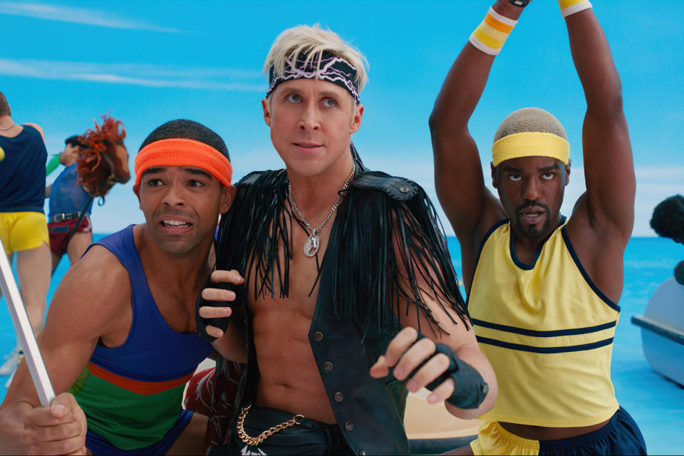 <p>While two of the Kens seem to have gotten the memo on sports attire, Ryan Gosling's character goes with a different interpretation of "headband and sleeveless shirt."</p>