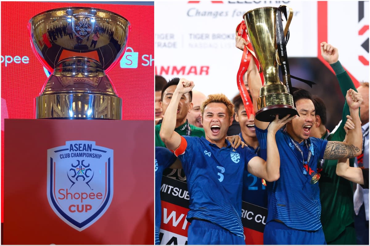 Southeast Asia footballers could be playing for two major trophies for the upcoming season: the Shopee Cup (left) and the ASEAN Mitsubishi Electric Cup. (PHOTOS: Yahoo News Singapore/Getty Images)