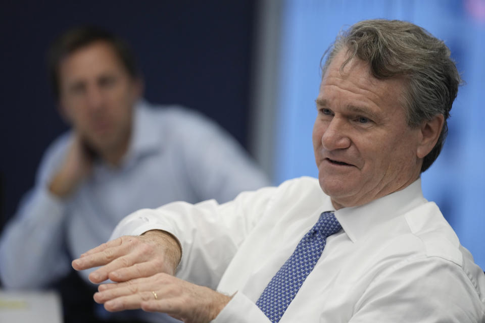 Brian Moynihan, CEO of Bank of America, talks with reporters at Associated Press headquarters in New York, Tuesday, Nov. 29, 2022. (AP Photo/Seth Wenig)