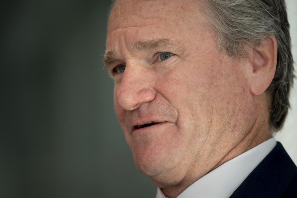 Brian Moynihan, CEO of Bank of America, is photographed during an interview at the Bank of America Tower, Wednesday, Aug. 17, 2022, in the Manhattan borough of New York. Moynihan, said that recent quibbling over whether the U.S. economy is technically in a recession or not is missing the point. What matters is that current economic conditions are negatively impacting those who are most vulnerable.(AP Photo/John Minchillo)