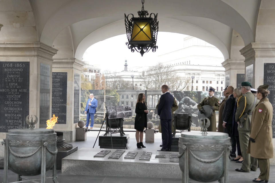 Britain's Prince William visits the Tomb of the Unknown Soldier in Warsaw, Poland, Thursday, March 23, 2023. (AP Photo/Czarek Sokolowski)