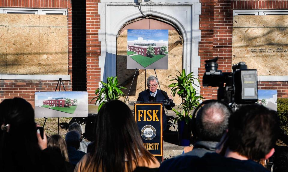 Mayor John Cooper talks about the future of Burrus Hall, to be renamed after Darrell Freeman, and the partnership with metro and Fisk University during a press conference in Nashville, Tenn., Monday, Jan. 9, 2023. 