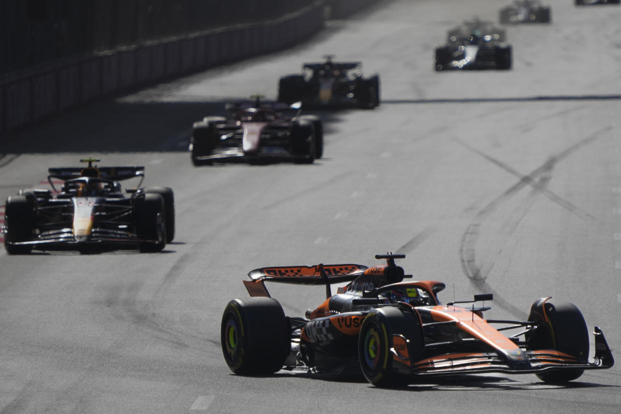 McLaren driver Lando Norris of Britain in action during a Formula One Grand Prix in Baku, Azerbaijan, on Sunday, Sept. 15, 2024. (AP Photo/Sergei Grits)