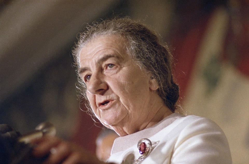 FILE - Then-Israeli Prime Minister Golda Meir speaks at the United Nations, Oct. 22, 1970. President Joe Biden has met every Israeli prime minister over more than five decades in elected office, starting with Golda Meir in 1973. In Biden's first trip to the country after being elected senator, he said Meir sensed his concern about the country's future. As they were posing for a photo after their meeting, Biden recalled, she whispered to him that Israel had a “secret weapon” to protect them — "we have no place else to go.” (AP Photo, File)