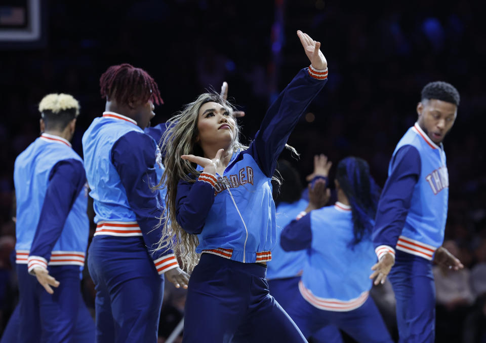 Nov 6, 2023; Oklahoma City, Oklahoma, USA; An Oklahoma City Thunder O’City Dance Crew member performs during a time out against the Atlanta Hawks during the second half at Paycom Center. Oklahoma City won 126-117. Mandatory Credit: Alonzo Adams-USA TODAY Sports