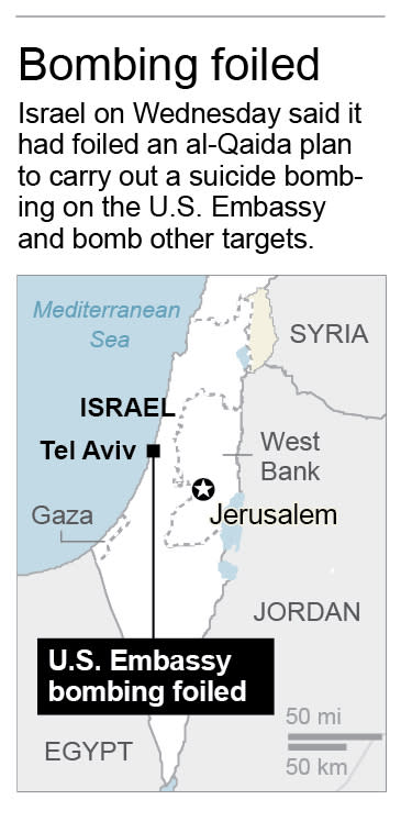 Map locates U.S. Embassy in Tel Aviv, Israel.; 1c x 3 inches; 46.5 mm x 76 mm;