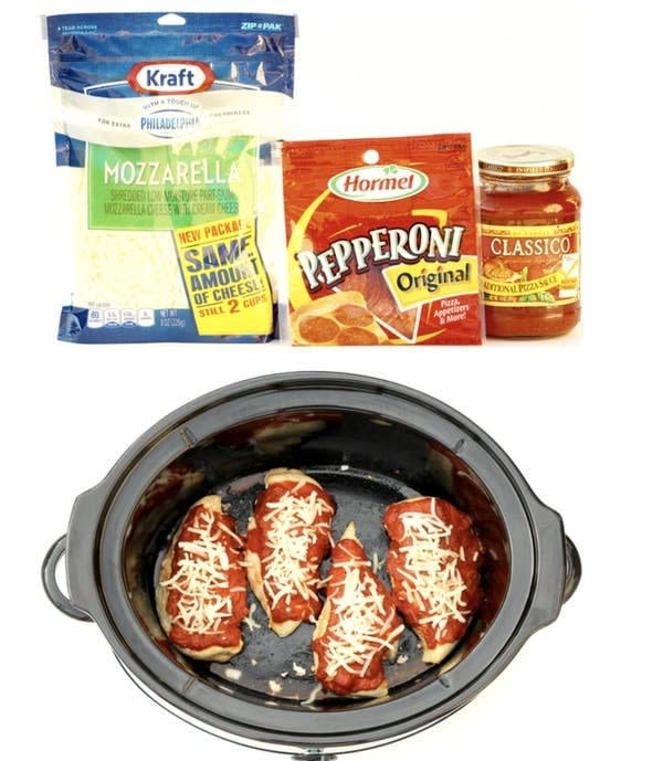 Slow Cooker Pizza Chicken with packages of cheese and pepperoni and a jar of sauce