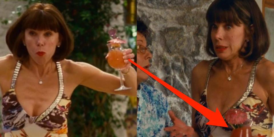 red arrow connecting tanya's refilled cocktail during a scene in mamma mia