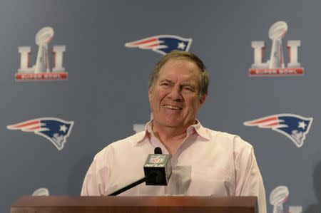 Jan 31, 2017; Houston, TX, USA; Patriots head coach Bill Belichick laughs during the New England Patriots media session at the JW Marriott Galleria. Mandatory Credit: Michael Madrid-USA TODAY Sports