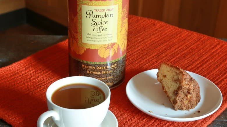 A cup of coffee with Trader Joe's Pumpkin Spice coffee