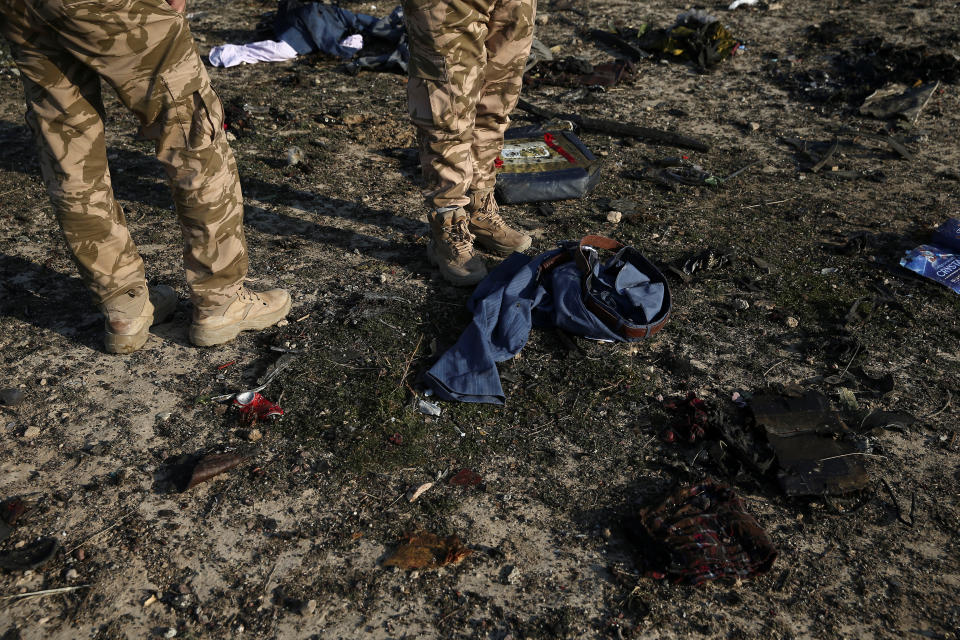 Passengers' belongings are pictured at the site where the Ukraine International Airlines plane crashed after take-off from Iran's Imam Khomeini airport, on the outskirts of Tehran, Iran January 8, 2020. Nazanin Tabatabaee/WANA (West Asia News Agency) via REUTERS