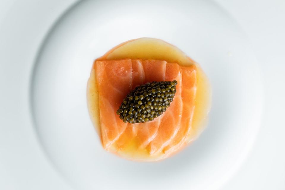 The Ora King Salmon Sashimi | White Soy Navel Orange Nage, Siberian Caviar from Regiis Ova Champagne Lounge