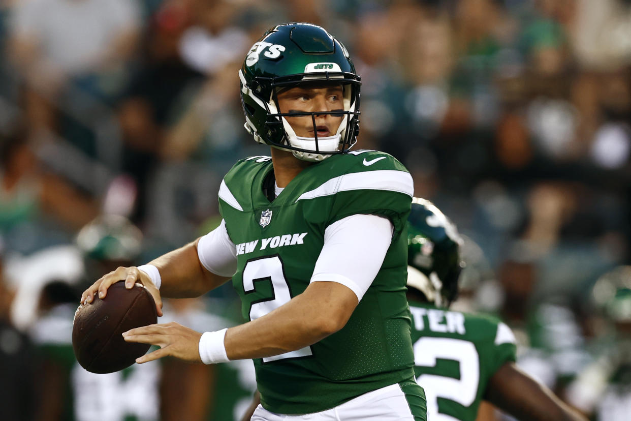 New York Jets quarterback Zach Wilson (2) in action against the Philadelphia Eagles during an NFL pre-season football game, Friday, Aug. 12, 2022, in Philadelphia. (AP Photo/Rich Schultz)