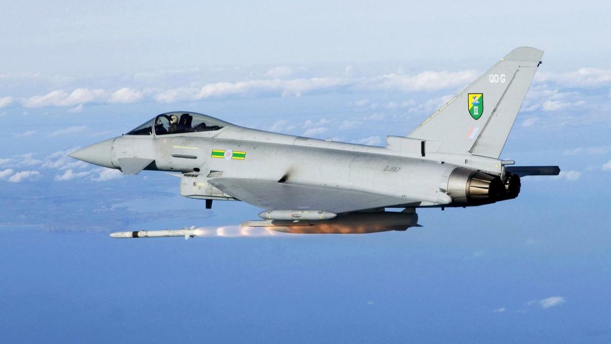 3f squadron raf eurofighter typhoon based at raf coningsby, lincoln, england firing an asraam missile the missile fired was against the flare pack towed by a mirach target drone and was fired at the aberporth range in cardigan bay, wales