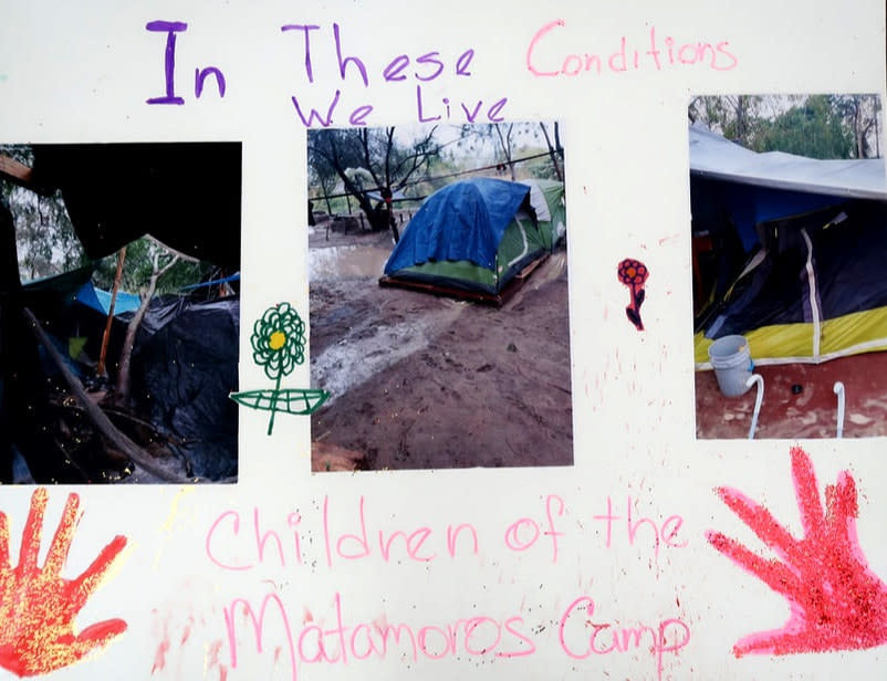 a child's collage that includes photos of a tent next to a large muddy puzzle. text reads "In these conditions we live; children of the Matamoros Camp"