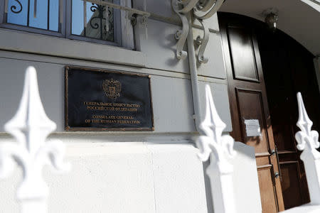 FILE PHOTO - A sign outside the entrance to the building of the closed Consulate General of Russia in San Francisco, California, U.S., October 3, 2017. REUTERS/Stephen Lam