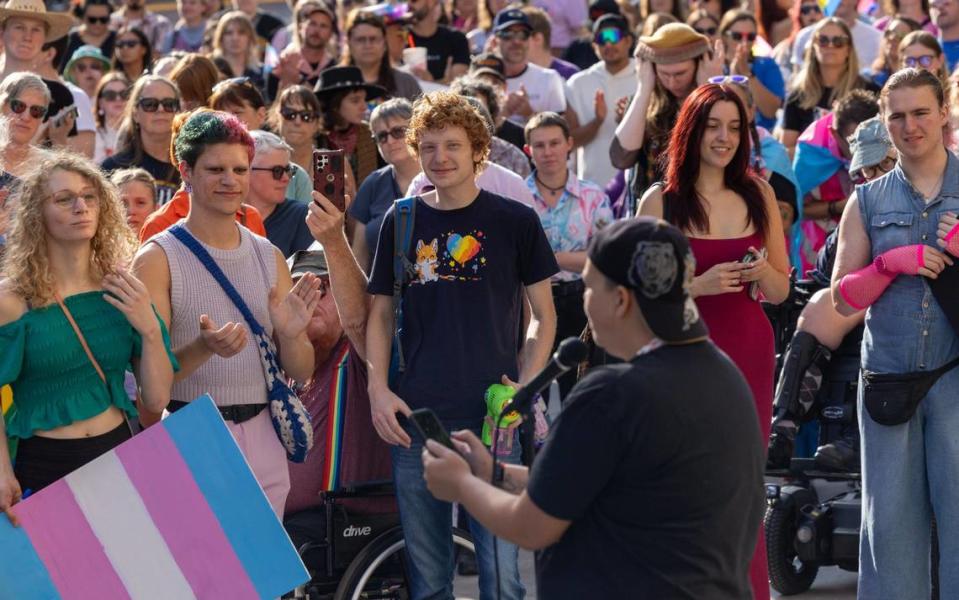 Hundreds of people gather in downtown Boise to listen to speakers prior to the start of the Trans March in Boise, Friday, September 13, 2024.