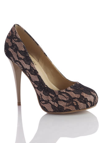 Affordable alternative: Sizzle by Coloriffics Lace Over Satin Platform Pump, $59