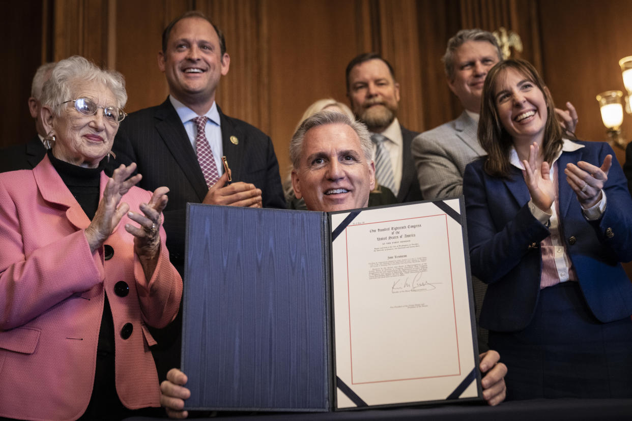 WASHINGTON, DC - MARCH 9: Speaker of the House Kevin McCarthy (R-CA) signs a resolution passed by the House and Senate that aims to block a Biden administration rule encouraging retirement managers to consider environmental, social and corporate governance (ESG) factors when making investment decisions,  during a bill signing at the U.S. Capitol March 9, 2023 in Washington, DC.  President Biden has said he will veto the bill. (Photo by Drew Angerer/Getty Images)